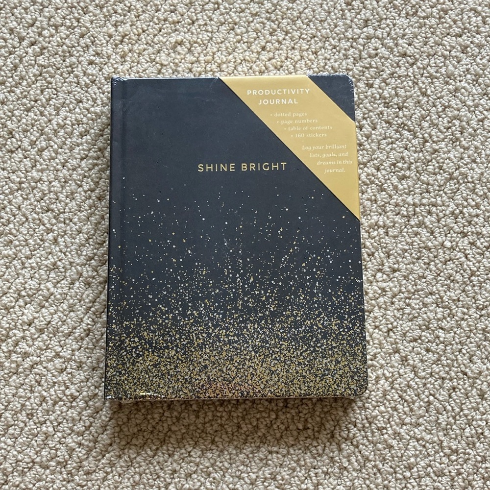 NEW Shine Bright Productivity Journal Black Gold Dotted Sparkles 8.25” x 6.25”
